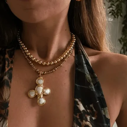 18K Gold Plating Necklace and Freshwater Pearl Cross Pendant