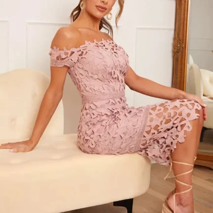 Dusty Pink Bardot Lace Midi Crochet Dress Size 10 by Chi Chi