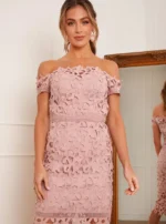Dusty Pink Bardot Lace Midi Crochet Dress Size 10 by Chi Chi