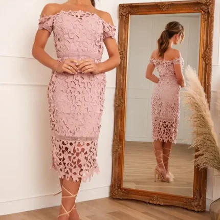 Dusty Pink Bardot Lace Midi Crochet Dress Size 10 by Chi Chi