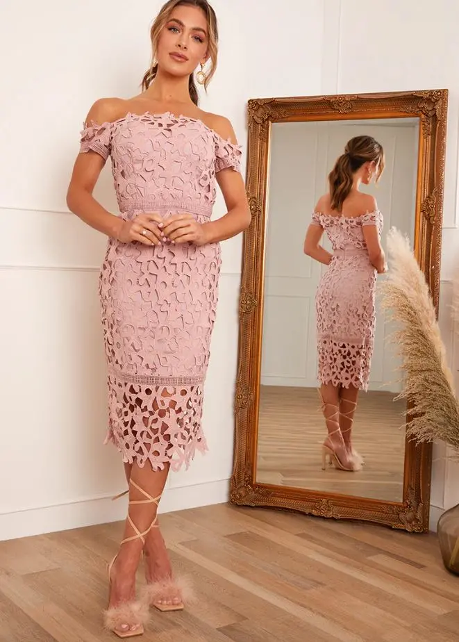 Dusty Pink Bardot Lace Midi Crochet Dress Size 10 by Chi Chi