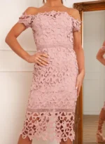 Dusty Pink Bardot Lace Midi Crochet Dress Size 10 by Chi Chi
