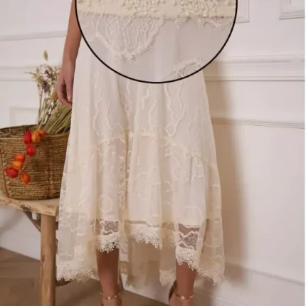 Bohemian Asymmetrical Lace Skirt by Choklate Paris in Cream