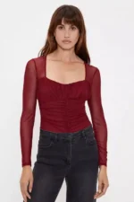Berry Mesh Ruched Bodysuit Size M by Oasis