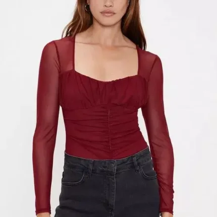 Berry Mesh Ruched Bodysuit Size M by Oasis