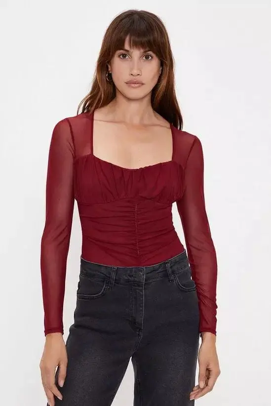 Berry Mesh Ruched Bodysuit Size M by Oasis